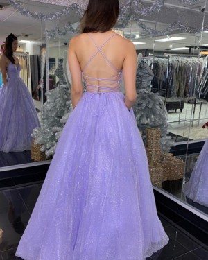 Lavender Spaghetti Straps Sequin Prom Dress with Pockets PD2051