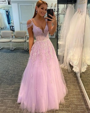 Lace Applique Cold Shoulder Tulle Pink Prom Dress PD2053
