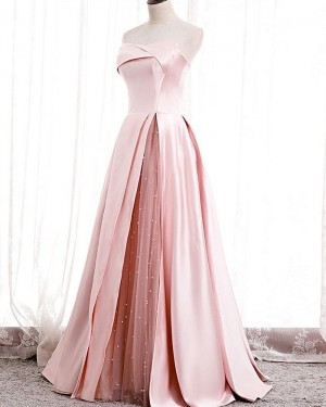 Light Pink Satin Strapless Evening Dress with Beading Tulle Slit PD2074