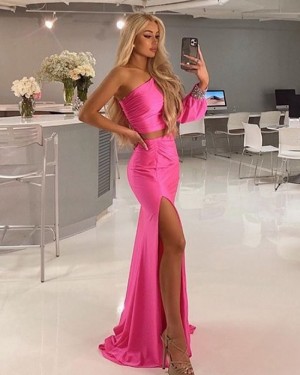 Pink Satin Two Piece Mermaid One Shoulder Prom Dress with Side Slit PD2081