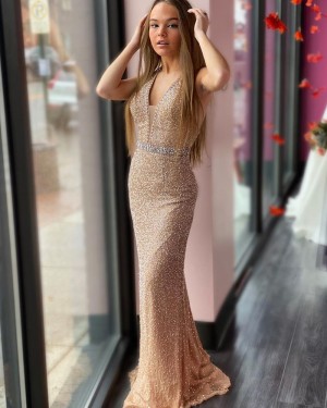 Glitter-knit Gold Beading Deep V-neck Prom Dress PD2088