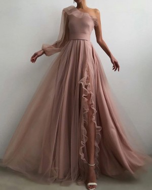 Tulle Nude Pleated One Shoulder Prom Dress with Side Slit PD2093