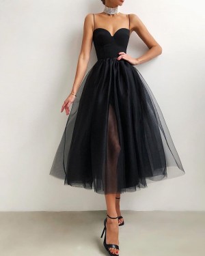 Black Tulle Spaghetti Straps Knee Length Graduation Dress with Side Slit PD2094