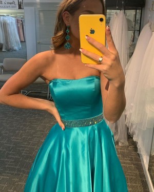 Simple Satin Strapless A-Line Long Formal Dress With Beading Waist PD2178
