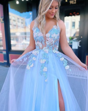 Dusty Blue Spaghetti Straps Applique Tulle Long Formal Dress With Side Slit PD2180