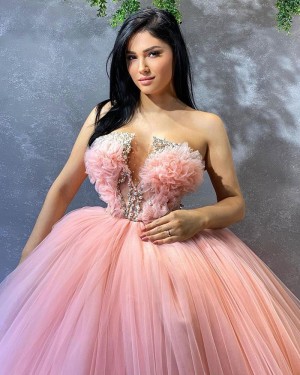 Beading Bodice Pink Tulle Strapless Ball Gown Formal Dress PD2184