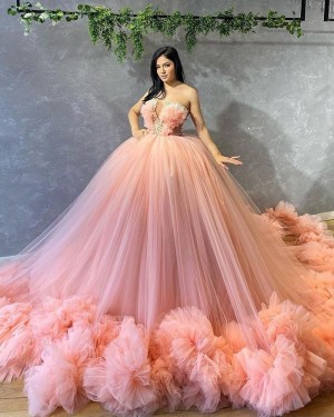 Beading Bodice Pink Tulle Strapless Ball Gown Formal Dress PD2184