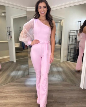 One Shoulder Satin Pink Jumpsuit With Long Tulle Sleeves PD2187