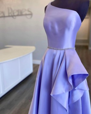 Lavender Beading One Shoulder Satin Long Formal Dress With Side Slit PD2188