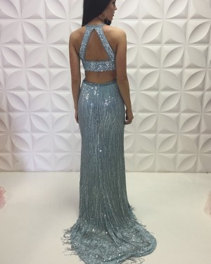 Silver Jewel Neckline Tassel Sequin Mermaid Long Formal Dress With Side Slit PD2190