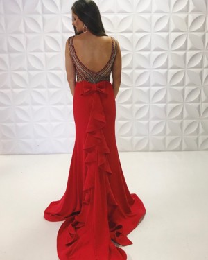 Beading Satin V-Neck Red Mermaid Long Formal Dress PD2191
