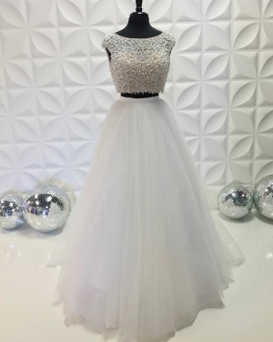 White Jewel Neckline Two Piece Beading Bodice Long Formal Dress With Tulle Skirt PD2192