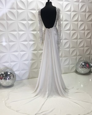 Ivory Beading Lace V-Neck Mermaid Long Sleeve Formal Dress With Side Slit PD2193