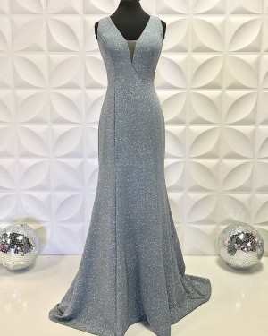 Long Mermaid Metallic V-Neck Grey Long Formal Dress PD2194
