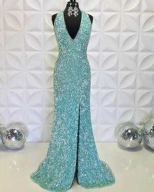 Sequin V-Neck Lake Blue Mermaid Long Formal Dress With Side Slit PD2198