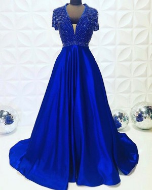 Beading Bodice Blue V-Neck Satin Formal Dress With Short Sleeves PD2200