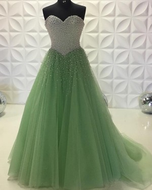 Long Olive Sweetheart Beading Bodice Tulle Long Formal Dress PD2201
