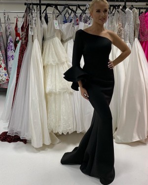 Black Satin One Shoulder Mermaid Long Formal Dress With Long Sleeves PD2202