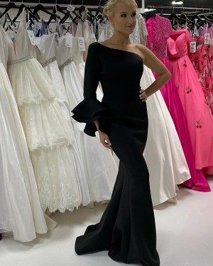 Black Satin One Shoulder Mermaid Long Formal Dress With Long Sleeves PD2202