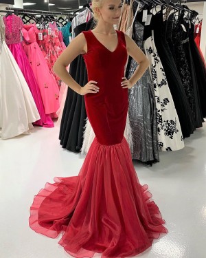 Red Velvet V-Neck Mermaid Long Long Formal Dress With Tulle Skirt PD2203