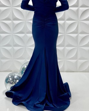 Off The Shoulder Blue Simple Mermaid Long Formal Dress With Long Sleeves PD2207