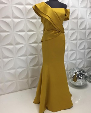 Satin One Shoulder Gold Mermaid Formal Dress PD2210