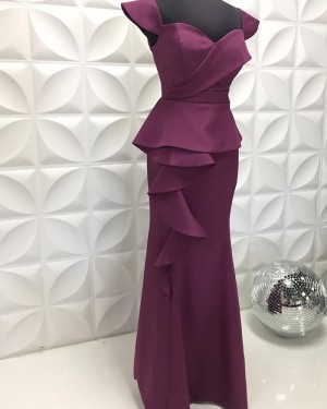 Egg Plant Square Neckline Satin Long Formal Dress With Cap Sleeves PD2211
