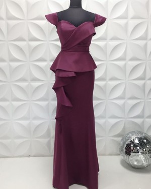 Egg Plant Square Neckline Satin Long Formal Dress With Cap Sleeves PD2211