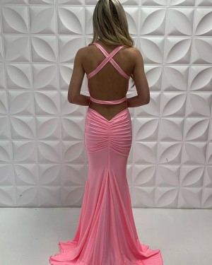 V-Neck Pink Satin Simple Mermaid Ruched Long Formal Dress PD2217