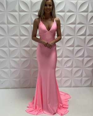 V-Neck Pink Satin Simple Mermaid Ruched Long Formal Dress PD2217
