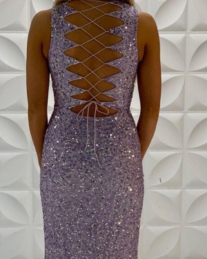 Lavender Sequin V-Neck Mermaid Long Formal Dress With Side Slit PD2220