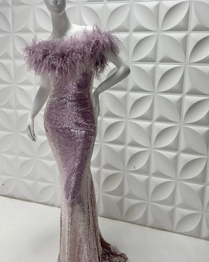 Lavender Sequin Off The Shoulder Mermaid Formal Dress With Feather PD2221