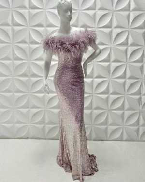 Lavender Sequin Off The Shoulder Mermaid Formal Dress With Feather PD2221