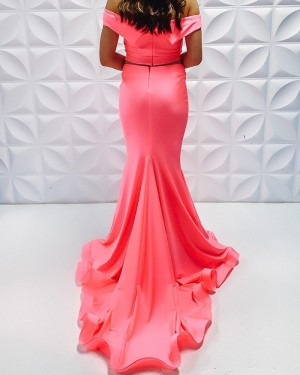 Two Piece Coral Pink Off The Shoulder Satin Simple Mermaid Long Formal Dress PD2223