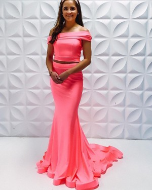 Two Piece Coral Pink Off The Shoulder Satin Simple Mermaid Long Formal Dress PD2223