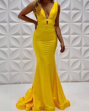 Yellow Satin V-Neck Mermaid Simple Long Long Formal Dress PD2224