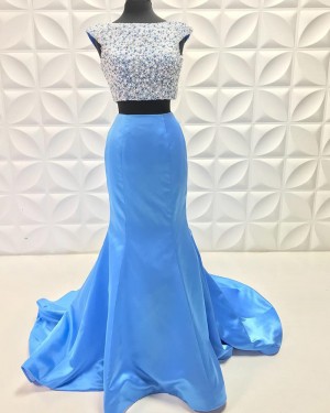 Beading Bodice Two Piece Sky Blue Mermaid Long Formal Dress PD2227
