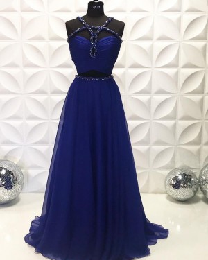 Navy Blue Two Piece Beading Ruched Chiffon Long Formal Dress PD2228