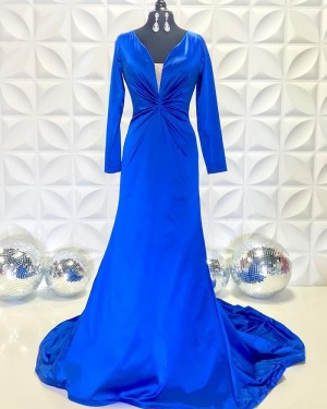 V-Neck Ruched Blue Mermaid Simple Long Formal Dress With Long Sleeves PD2232