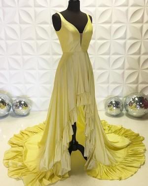 V-Neck Light Yellow Simple High Low Ruffled Formal Dress PD2233