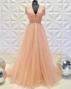 Beading Bodice Blush Pink V-Neck Tulle A-Line Long Formal Dress PD2235