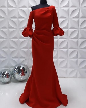 Satin Red Ruched Mermaid Off The Shoulder Formal Dress With Half Length Sleeves PD2237
