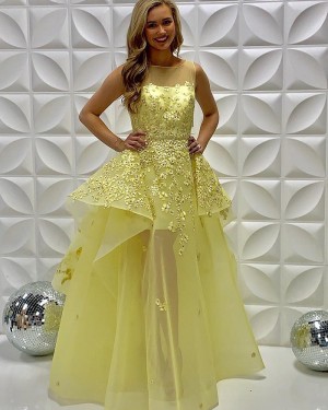 Light Yellow Sheer Neckline Embroidered Tulle Long Formal Dress PD2238
