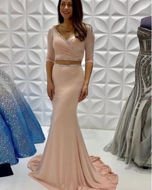 Nude Satin Ruched Two Piece Mermaid Beading Long Formal Dress With Half Length Sleeves PD2239