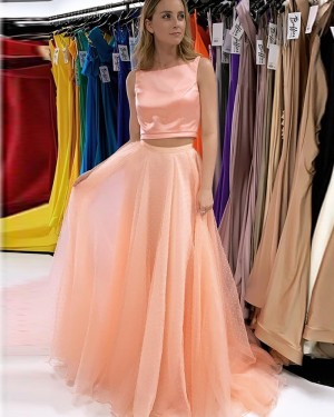 Blush Pink Bateau Neckline Two Piece Long Formal Dress With Beading Skirt PD2240