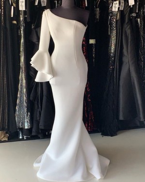 White Satin Mermaid One Shoulder Long Formal Dress With 3/4 Length Sleeves PD2244