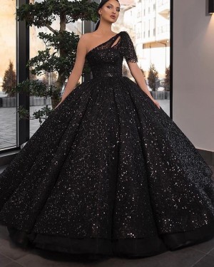 Black Sequin One Shoulder Ball Gown Long Formal Dress With Short Sleeves PD2245