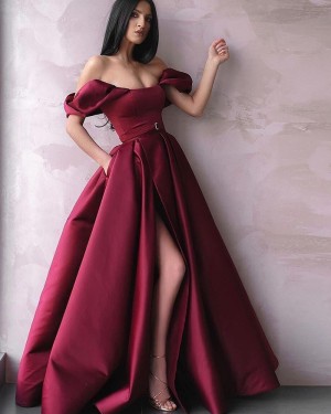Burgundy Pleated Off The Shoulder Satin Long Formal Dress With Side Slit & Pockets PD2246