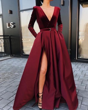 V-Neck Burgundy Satin Long Sleeve Simple Long Formal Dress With Side Slit PD2249