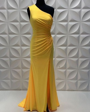 Fuchsia Satin One Shoulder Sheath Long Formal Dress With Side Slit PD2251